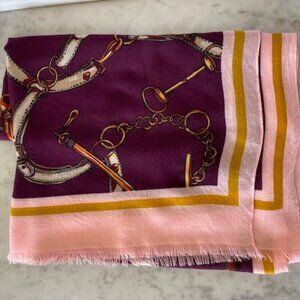 Talbots Mulberry Pink Printed Frayed Oblong Scarf Modal Equestrian Print